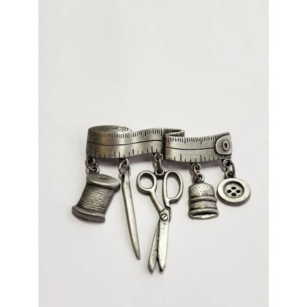 JJ Vintage Sewing Theme Brooch Pin Tape Measure Scissors Thread Button Thimble